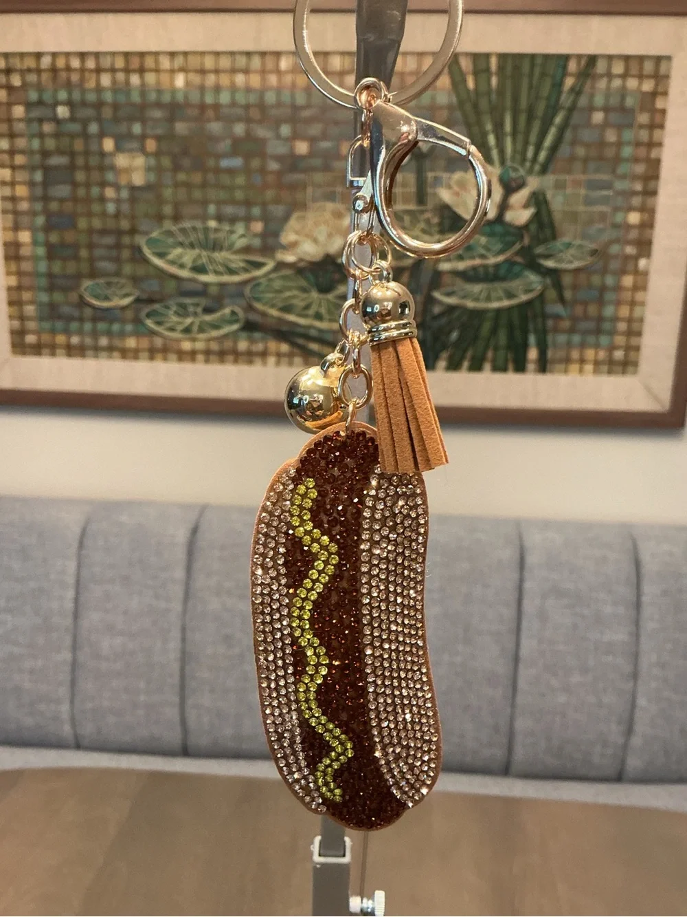 Gold-Tone Rhinestone Puffy Hot Dog Keychain with Tan Tassel